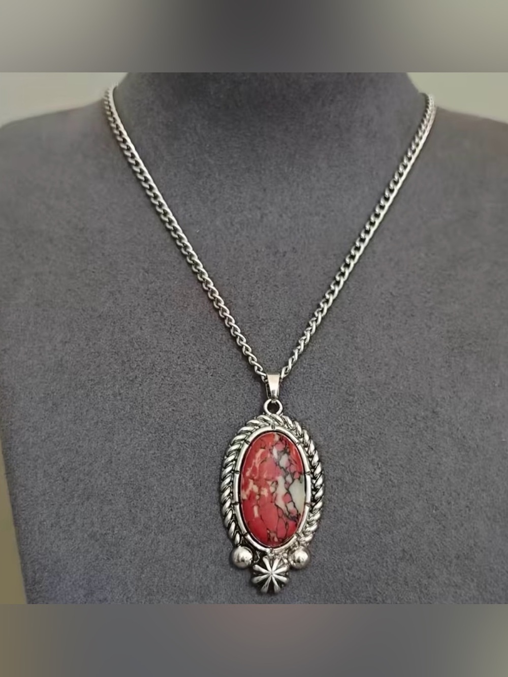 Western Necklace Silver Necklace with Red Marbled Style Oval Pendant